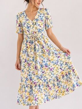 🎀 CALVIN KLEIN Romantic Floral Spring Midi Dress Puff Sleeve Ruffle Hem Sz 6